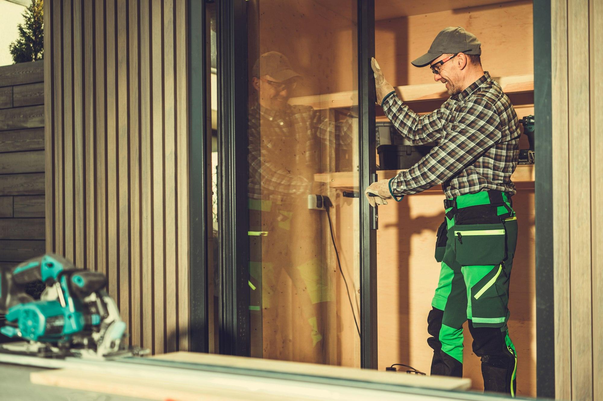 Contractor Installing Aluminium Frame Window Glass Doors Inside a Shed