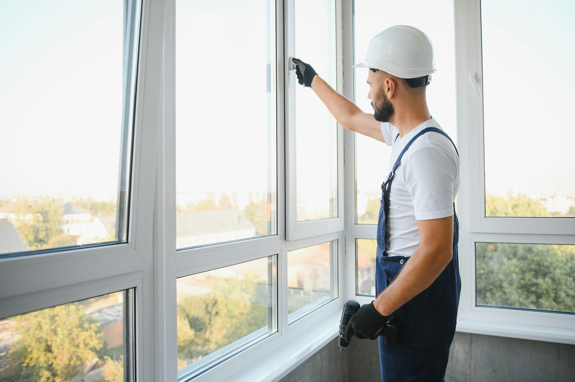 worker using screwdriver to repair upvc window. homework maintenance